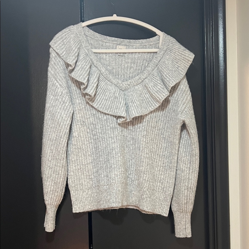 a new day Light Gray V-Neck Sweater with Ruffle Trim